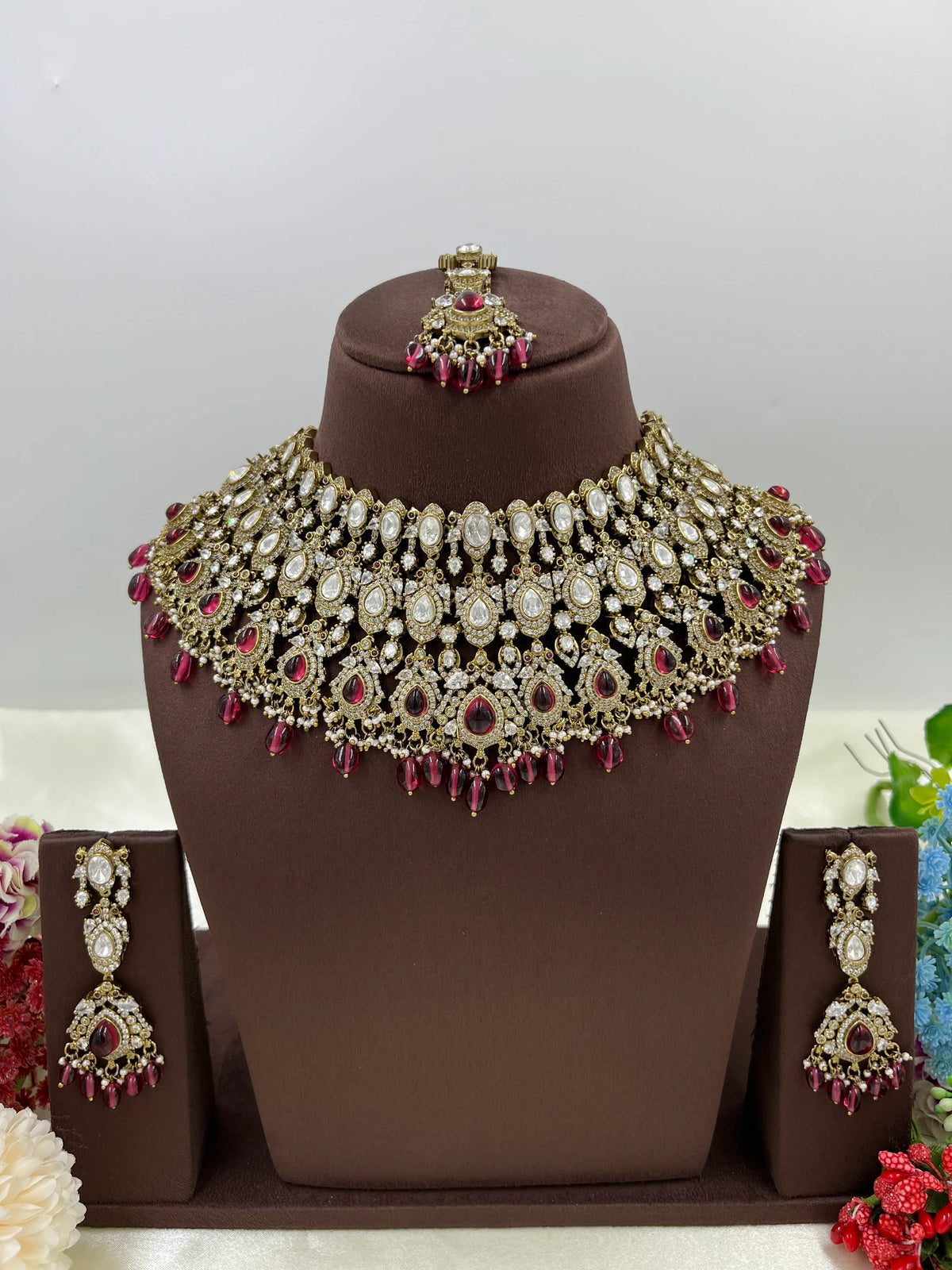 Mohini Antique Premium Moissanite Kundan Necklace Set with Earrings & Maang Tikka β Bridal & Party Jewelry - Libasaa.com