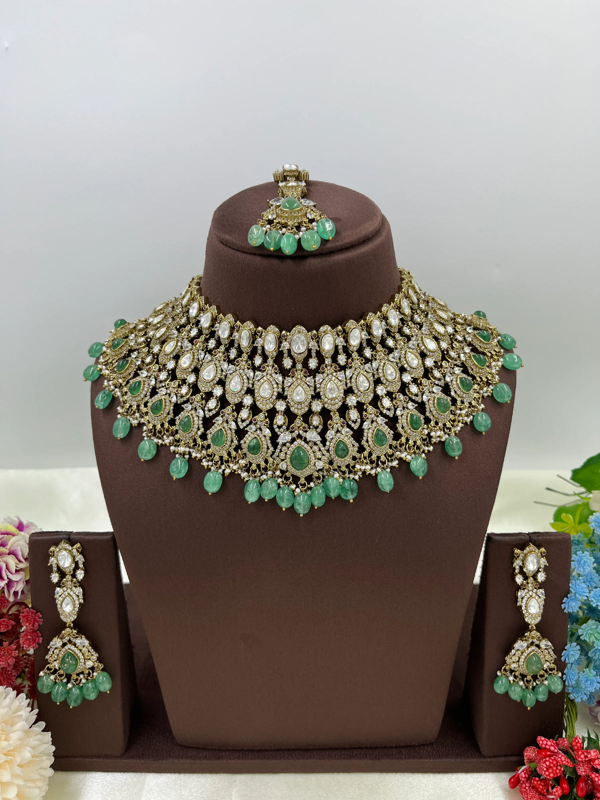 Mohini Antique Premium Moissanite Kundan Necklace Set with Earrings & Maang Tikka β Bridal & Party Jewelry - Libasaa.com