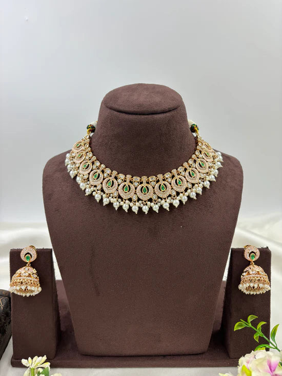Mohini Antique Premium Moissanite Kundan Necklace Set with Earrings & Maang Tikka β Bridal & Party Jewelry (Copy) - Libasaa.com