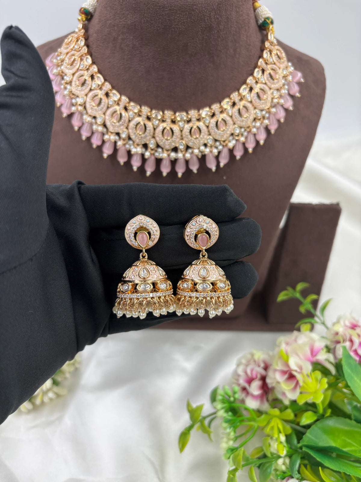 Mohini Antique Premium Moissanite Kundan Necklace Set with Earrings & Maang Tikka β Bridal & Party Jewelry (Copy) - Libasaa.com