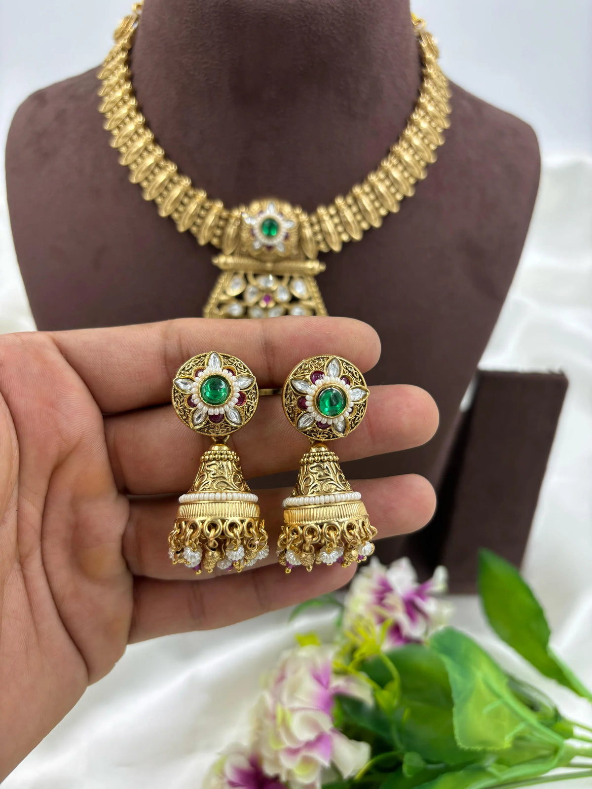 Antique Gold Lakshmi Necklace Set with Emerald & Pearl Jhumki Earrings - Libasaa.com