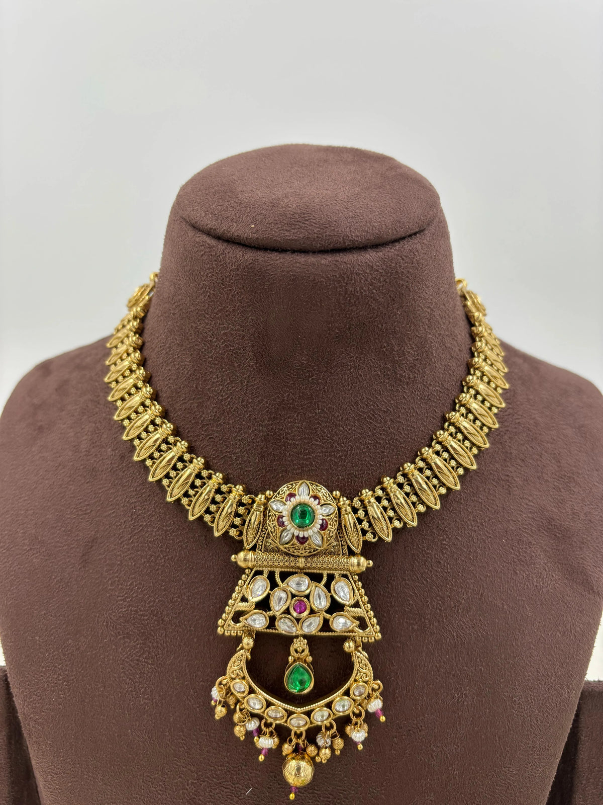 Antique Gold Lakshmi Necklace Set with Emerald & Pearl Jhumki Earrings - Libasaa.com