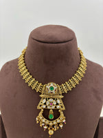 Antique Gold Lakshmi Necklace Set with Emerald & Pearl Jhumki Earrings - Libasaa.com