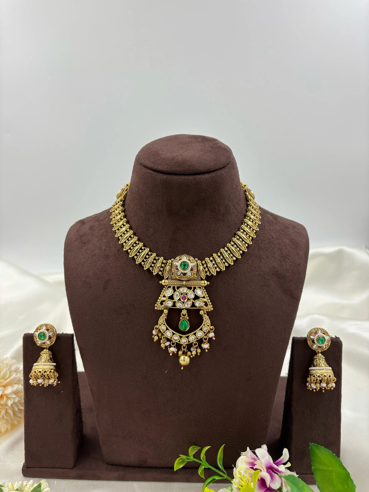 Antique Gold Lakshmi Necklace Set with Emerald & Pearl Jhumki Earrings - Libasaa.com