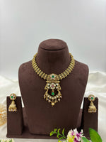 Antique Gold Lakshmi Necklace Set with Emerald & Pearl Jhumki Earrings - Libasaa.com