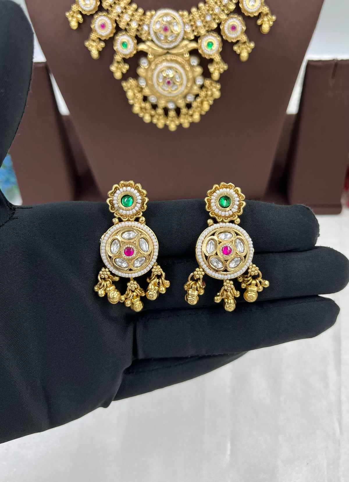Regal Multi-Strand Pearl & Kundan Necklace Set with Ruby & Emerald Earrings - Libasaa.com
