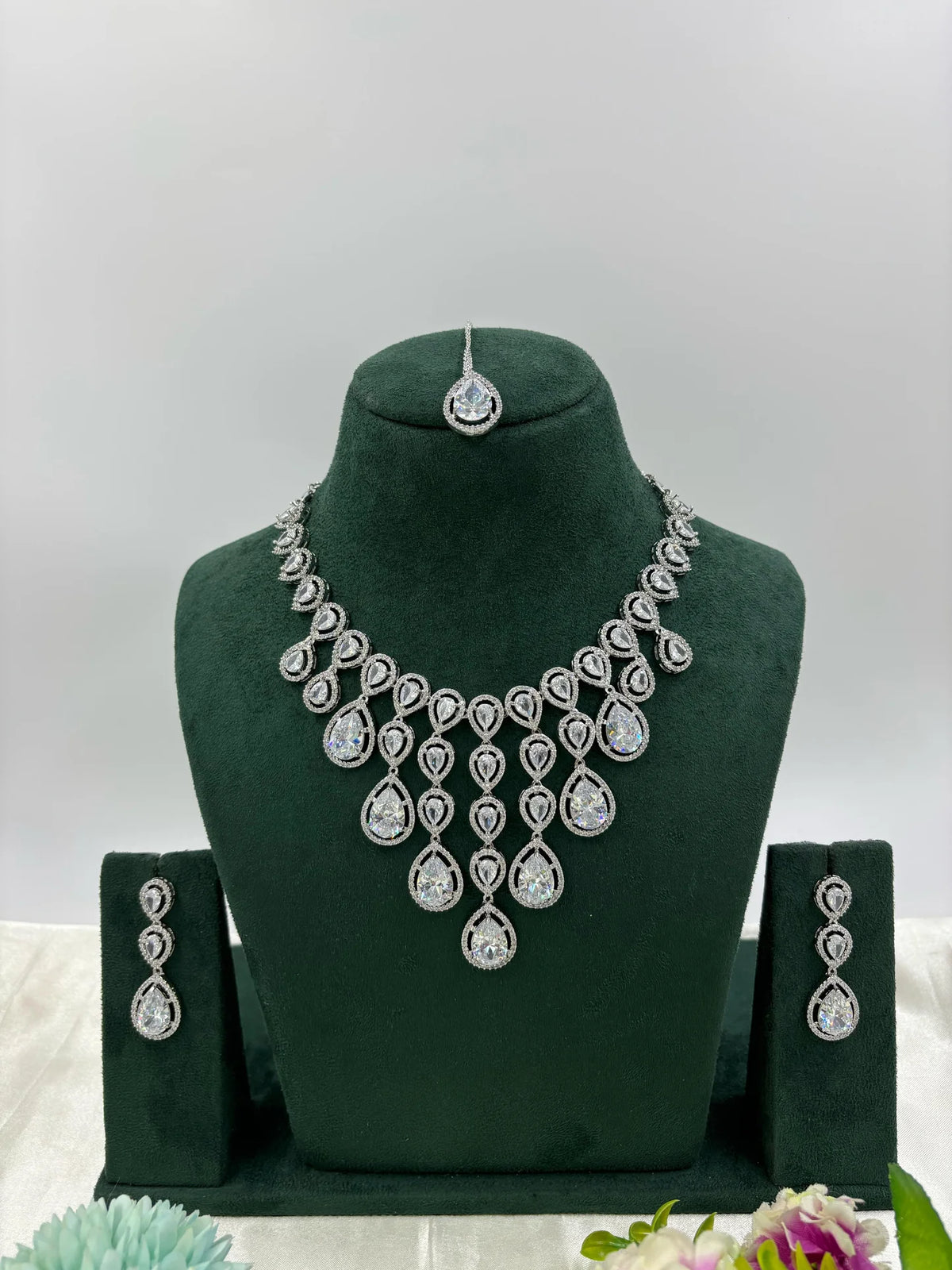 Sparkling Diamond CZ Necklace Set with Earrings & Maang Tikka β Bridal Jewelry - Libasaa.com