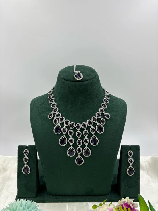 Sparkling Diamond CZ Necklace Set with Earrings & Maang Tikka β Bridal Jewelry - Libasaa.com