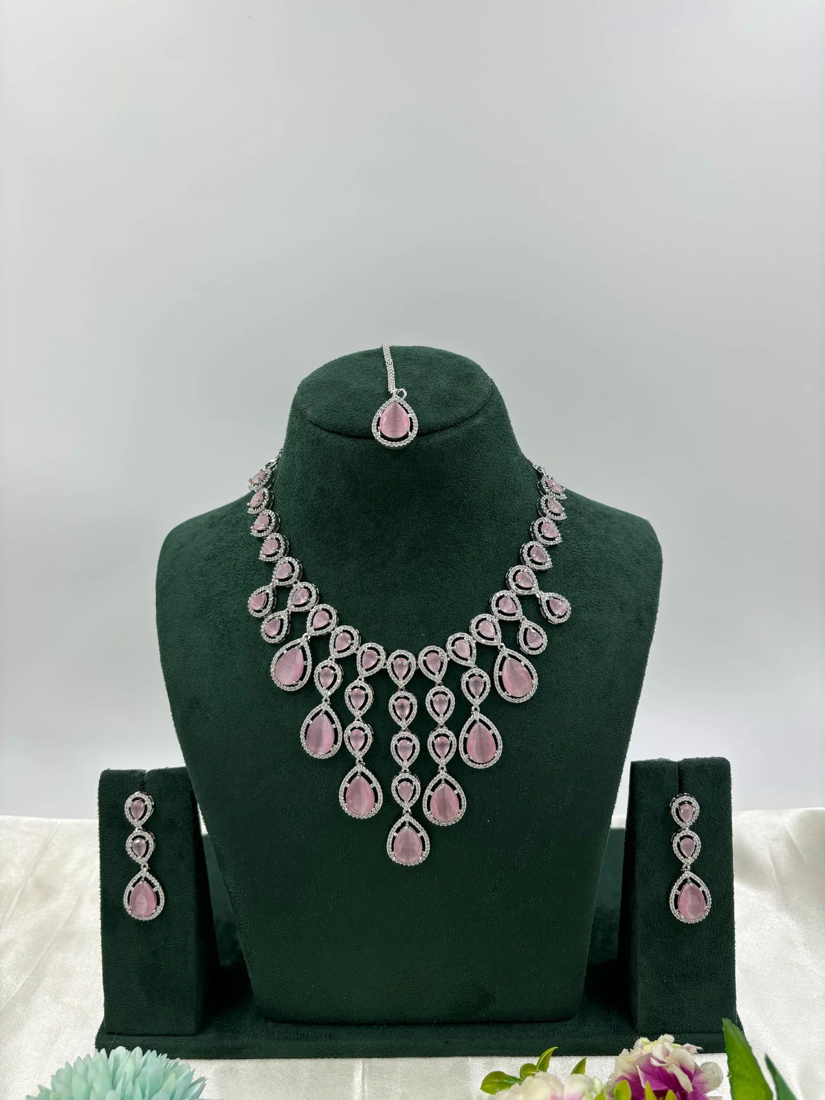 Sparkling Diamond CZ Necklace Set with Earrings & Maang Tikka β Bridal Jewelry - Libasaa.com