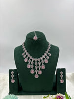 Sparkling Diamond CZ Necklace Set with Earrings & Maang Tikka β Bridal Jewelry - Libasaa.com