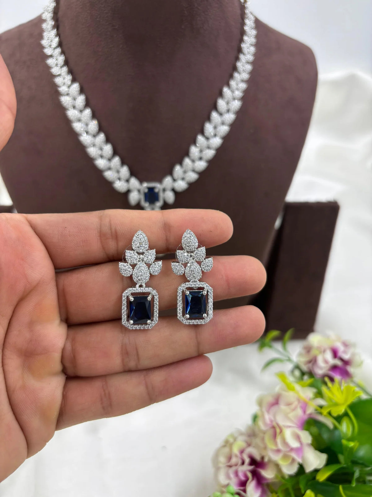 CZ Drop American Diamond Necklace Set with Earrings – Premium Bridal & Party Jewelry - Libasaa.com