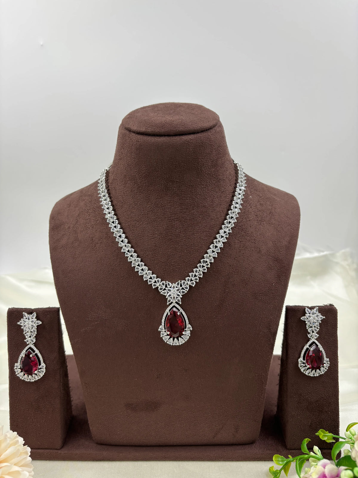 Premium Drop American Diamond Necklace Set with Earrings β Bridal & Party Wear - Libasaa.com