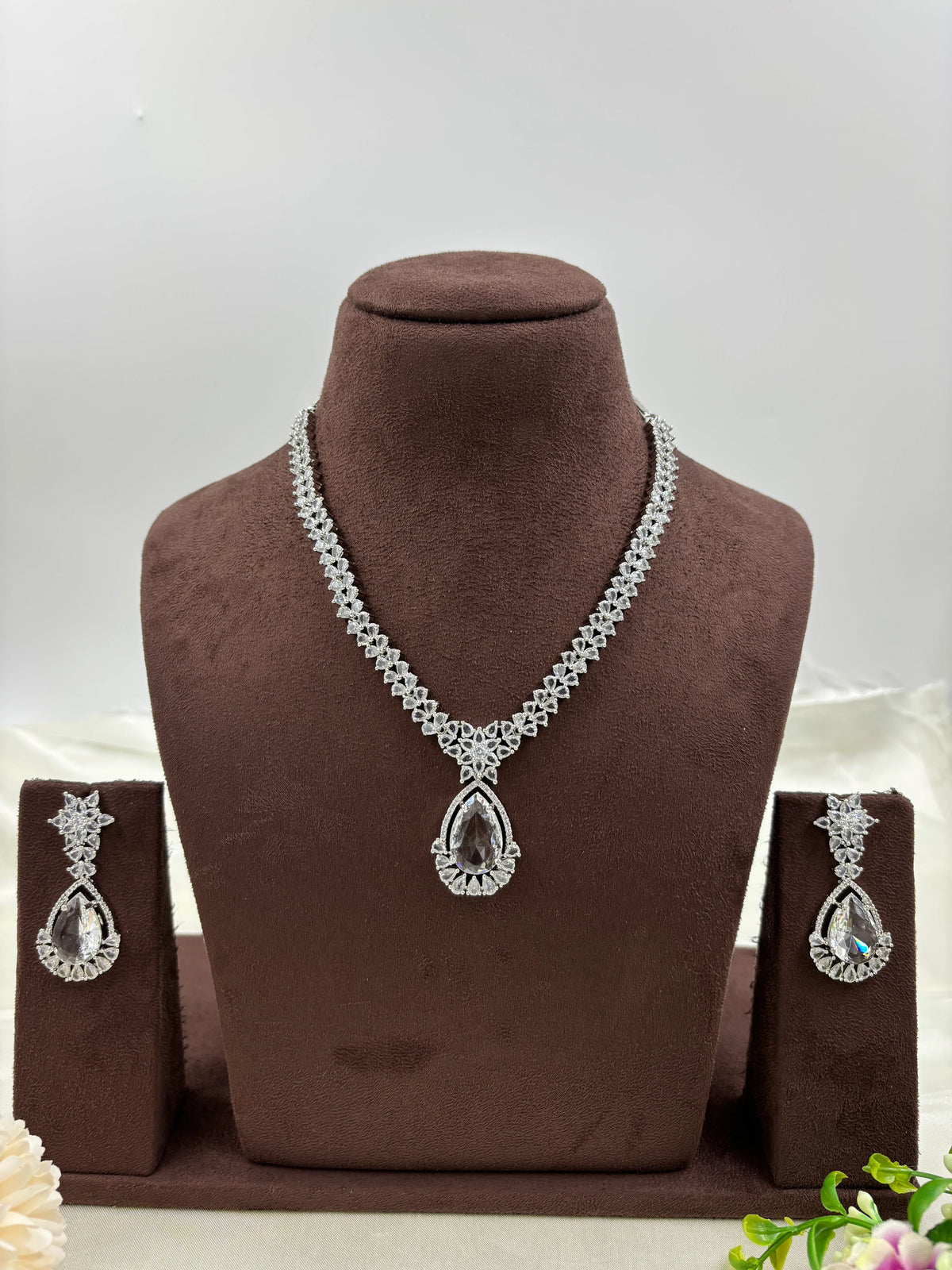 Premium Drop American Diamond Necklace Set with Earrings β Bridal & Party Wear - Libasaa.com