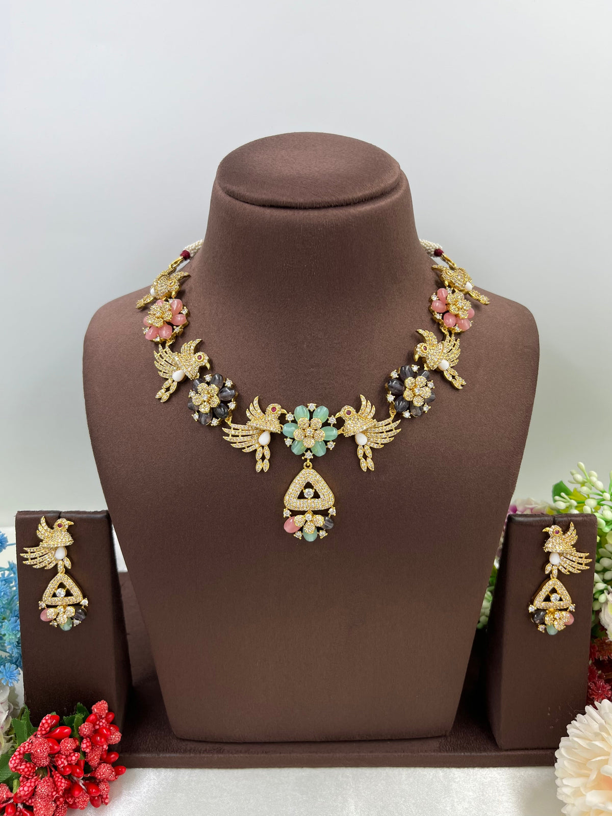 Exquisite Multi-Color Stone & Bird Motif Necklace Set - Libasaa.com