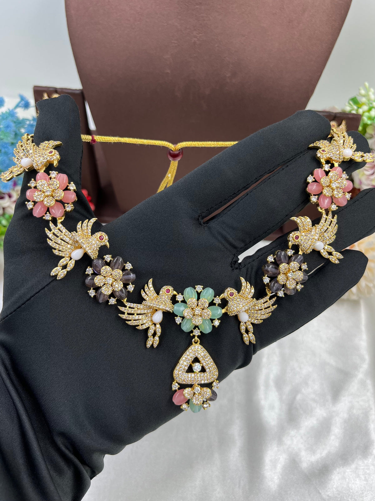 Exquisite Multi-Color Stone & Bird Motif Necklace Set - Libasaa.com