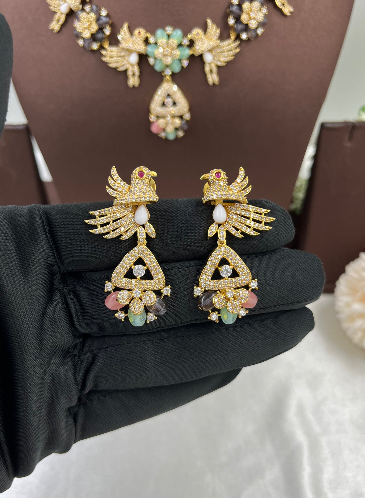 Exquisite Multi-Color Stone & Bird Motif Necklace Set - Libasaa.com