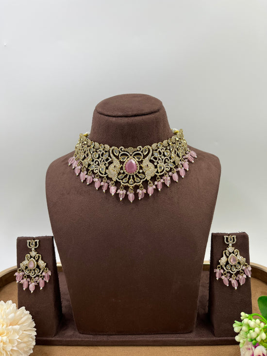 Victorian Inspired Emerald Green Stone Choker Necklace Set - Libasaa.com