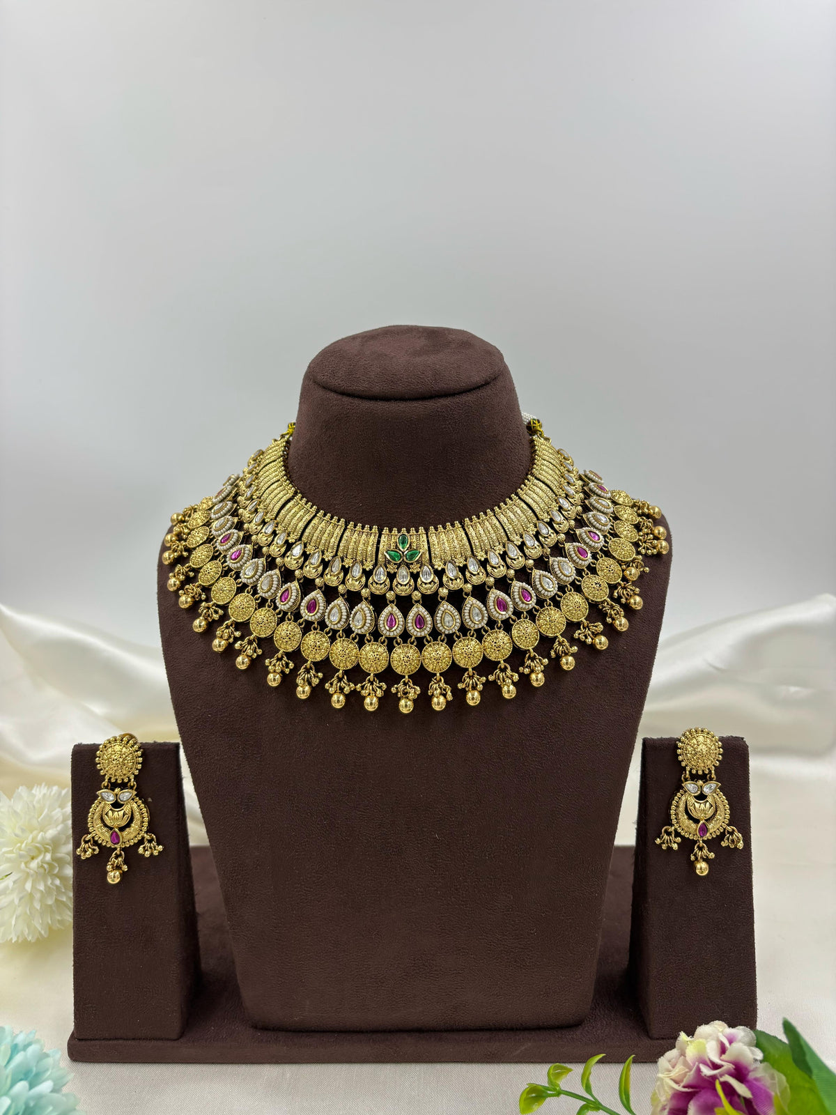 Premium Antique Gold Bridal Necklace Set with Earrings - Libasaa.com