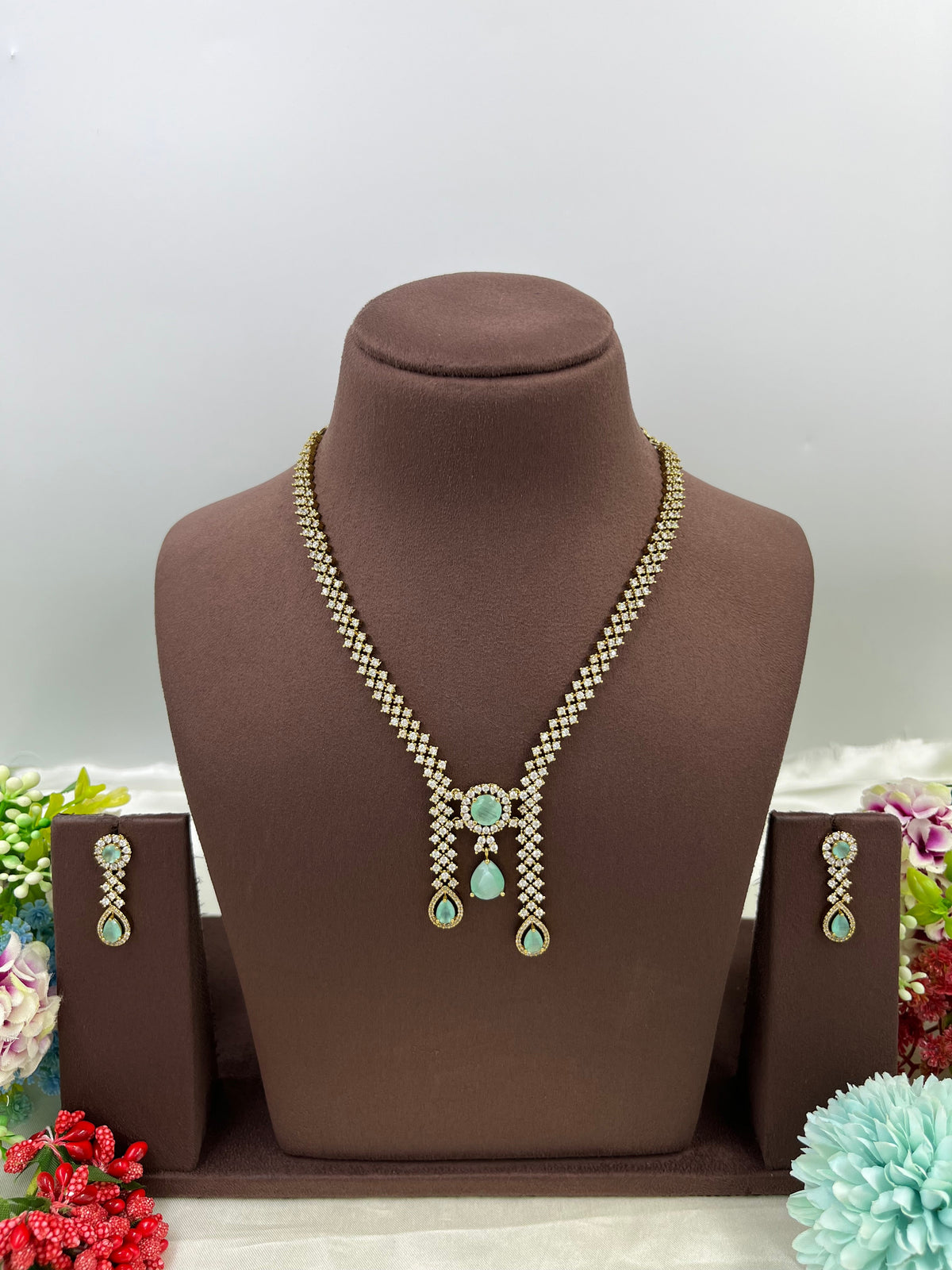 Victorian Drop Necklace Set with Ruby Red Stones & Matching Earrings - Libasaa.com