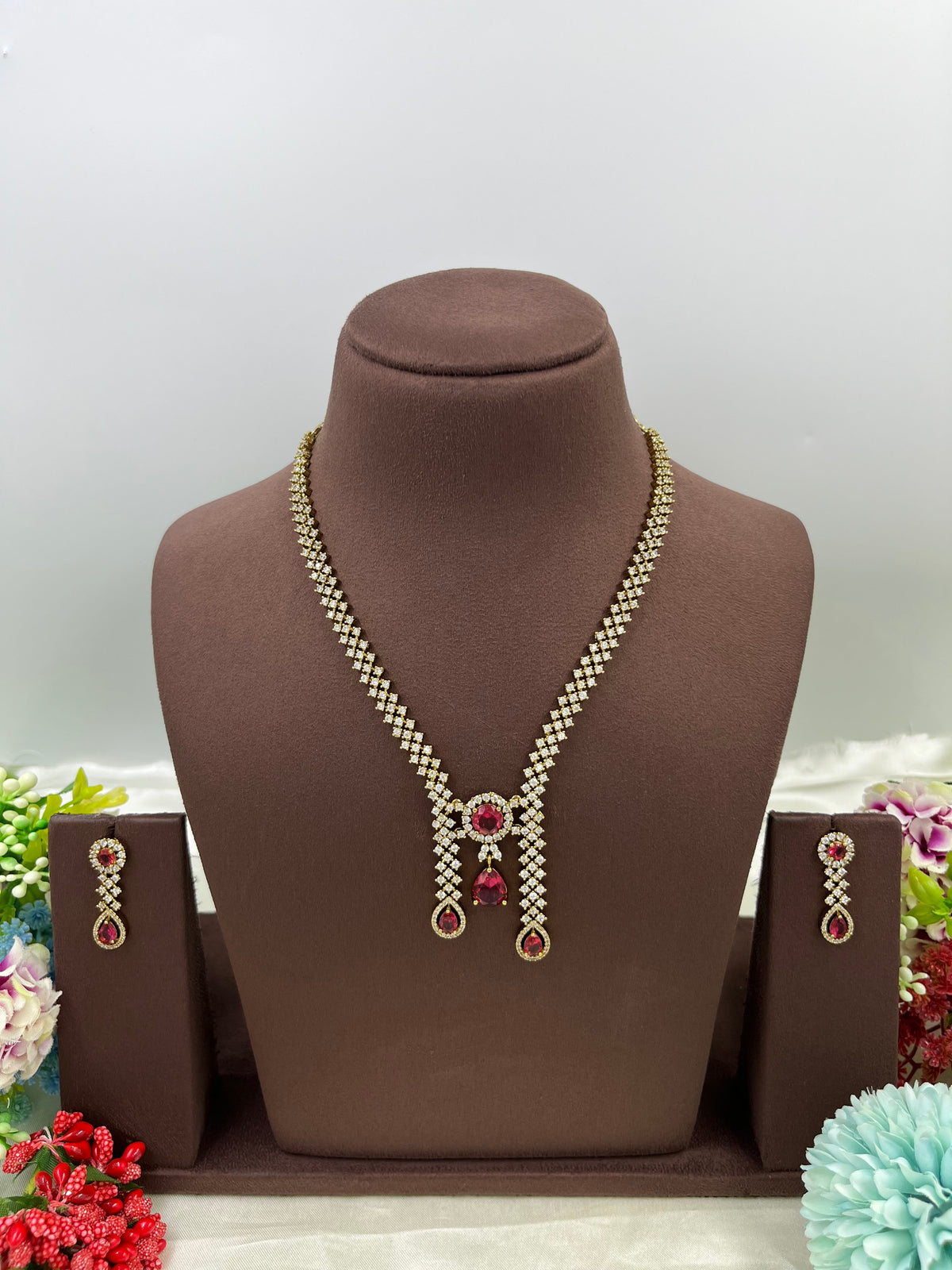 Victorian Drop Necklace Set with Ruby Red Stones & Matching Earrings - Libasaa.com