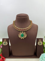 Regal Temple Choker Necklace Set with Emerald Green & Ruby Accents - Libasaa.com