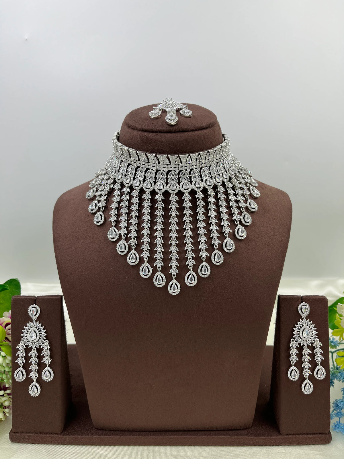 π Diamond Vault Premium AD Necklace Set with Maangtika & Earrings β Bridal Elegance Redefined - Libasaa.com