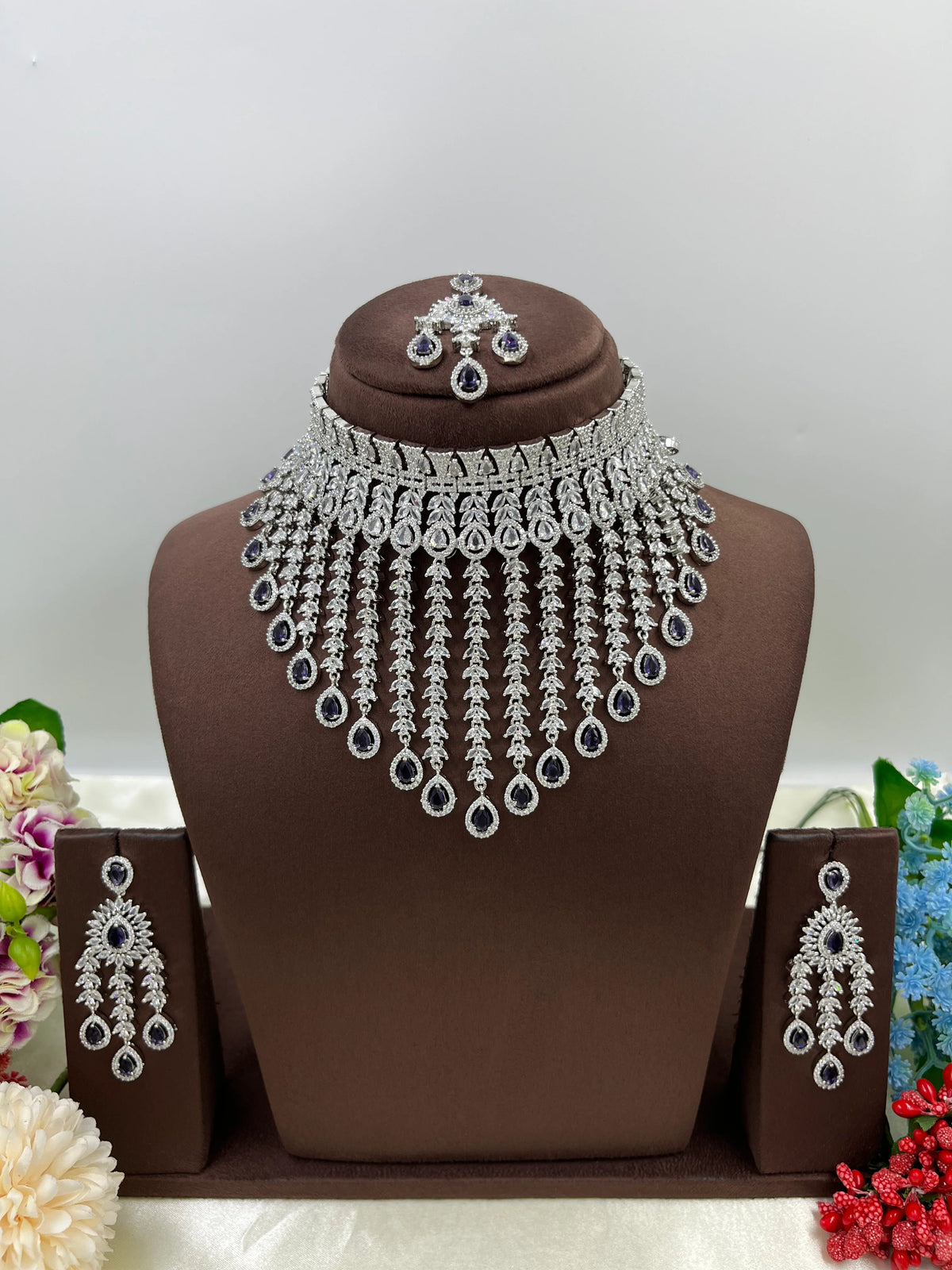 π Diamond Vault Premium AD Necklace Set with Maangtika & Earrings β Bridal Elegance Redefined - Libasaa.com