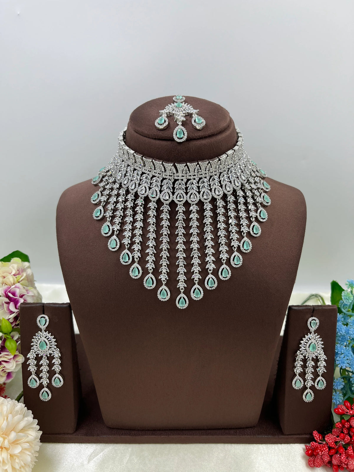 π Diamond Vault Premium AD Necklace Set with Maangtika & Earrings β Bridal Elegance Redefined - Libasaa.com