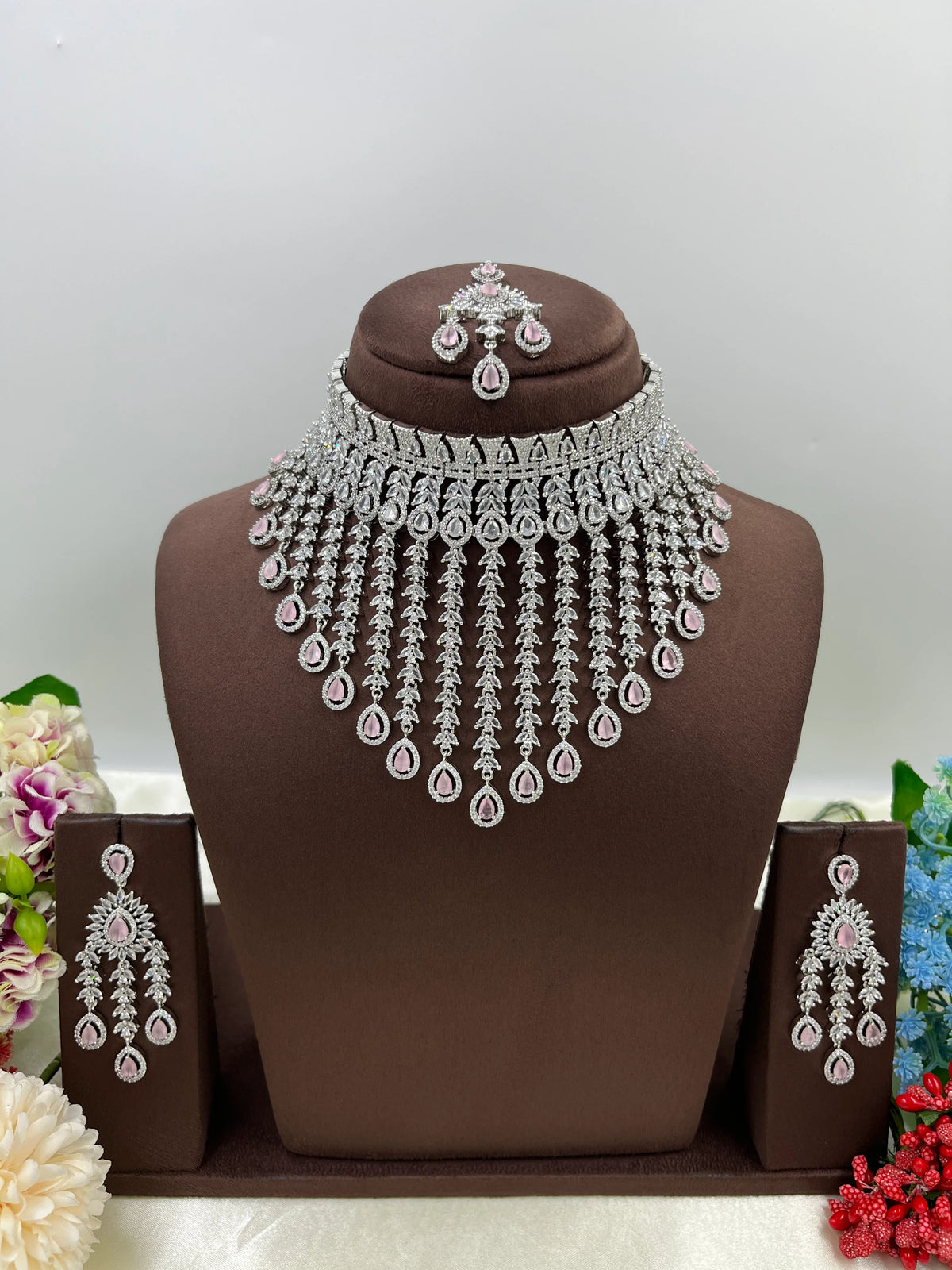 π Diamond Vault Premium AD Necklace Set with Maangtika & Earrings β Bridal Elegance Redefined - Libasaa.com