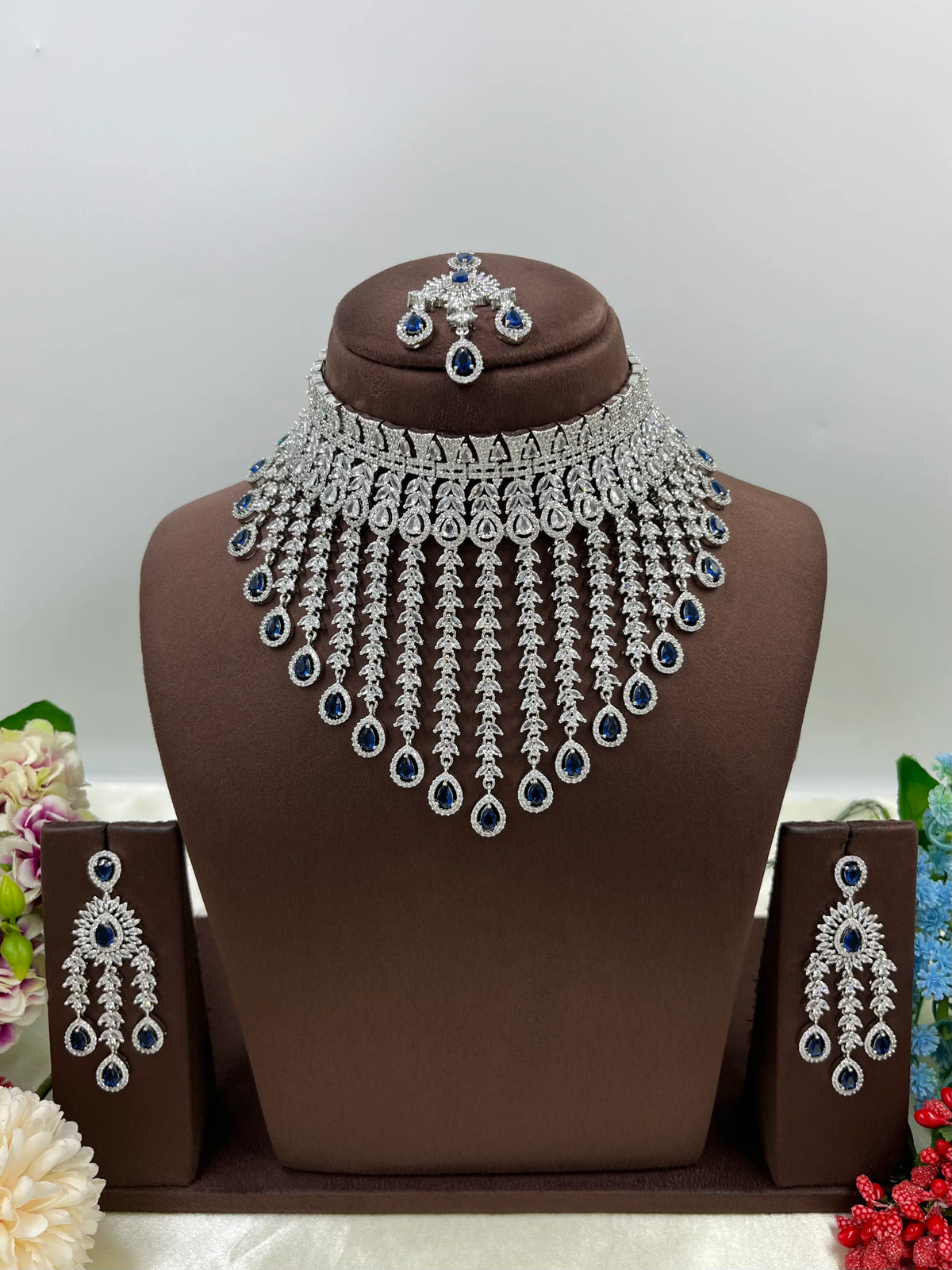 π Diamond Vault Premium AD Necklace Set with Maangtika & Earrings β Bridal Elegance Redefined - Libasaa.com