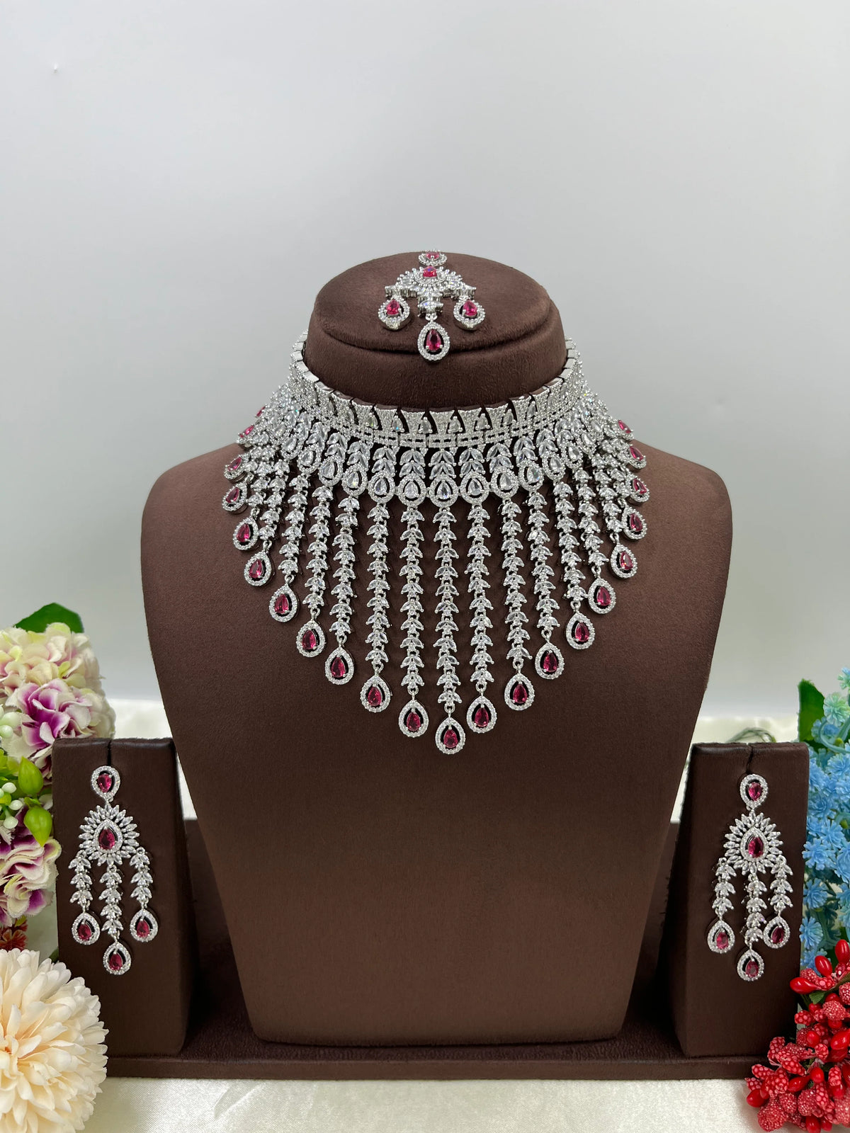 π Diamond Vault Premium AD Necklace Set with Maangtika & Earrings β Bridal Elegance Redefined - Libasaa.com