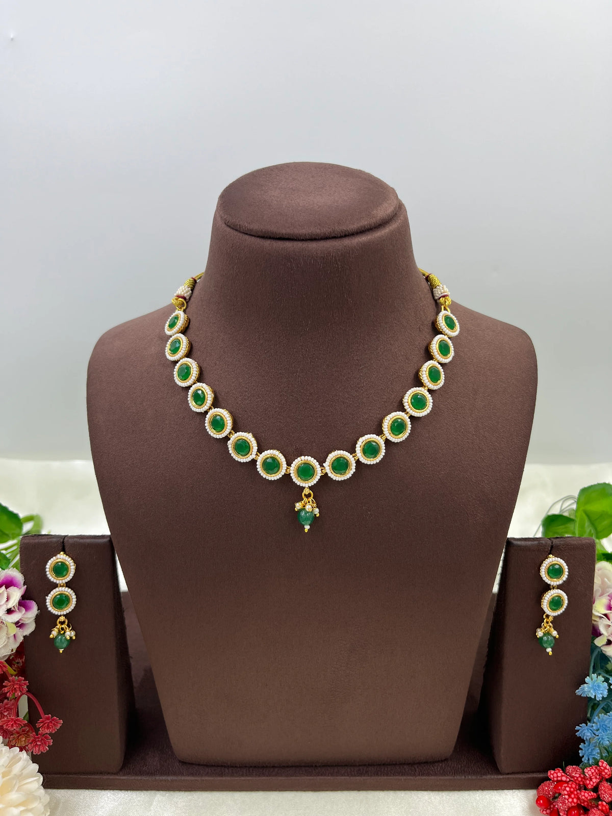 Delicate Green Kundan Necklace Set – Timeless Traditional Elegance - Libasaa.com