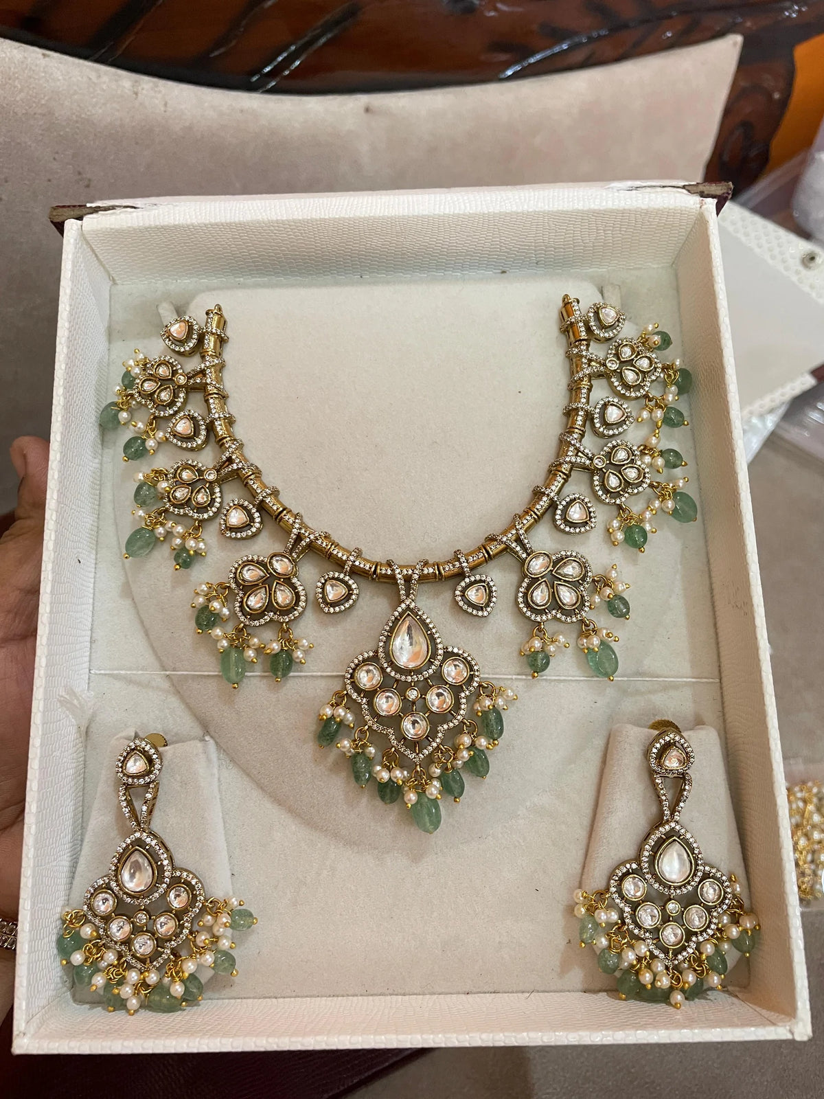 Victorian Hasli Necklace Set with Green Beads and Kundan Detailing - Libasaa.com