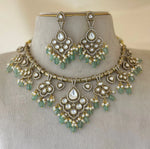 Victorian Hasli Necklace Set with Green Beads and Kundan Detailing - Libasaa.com