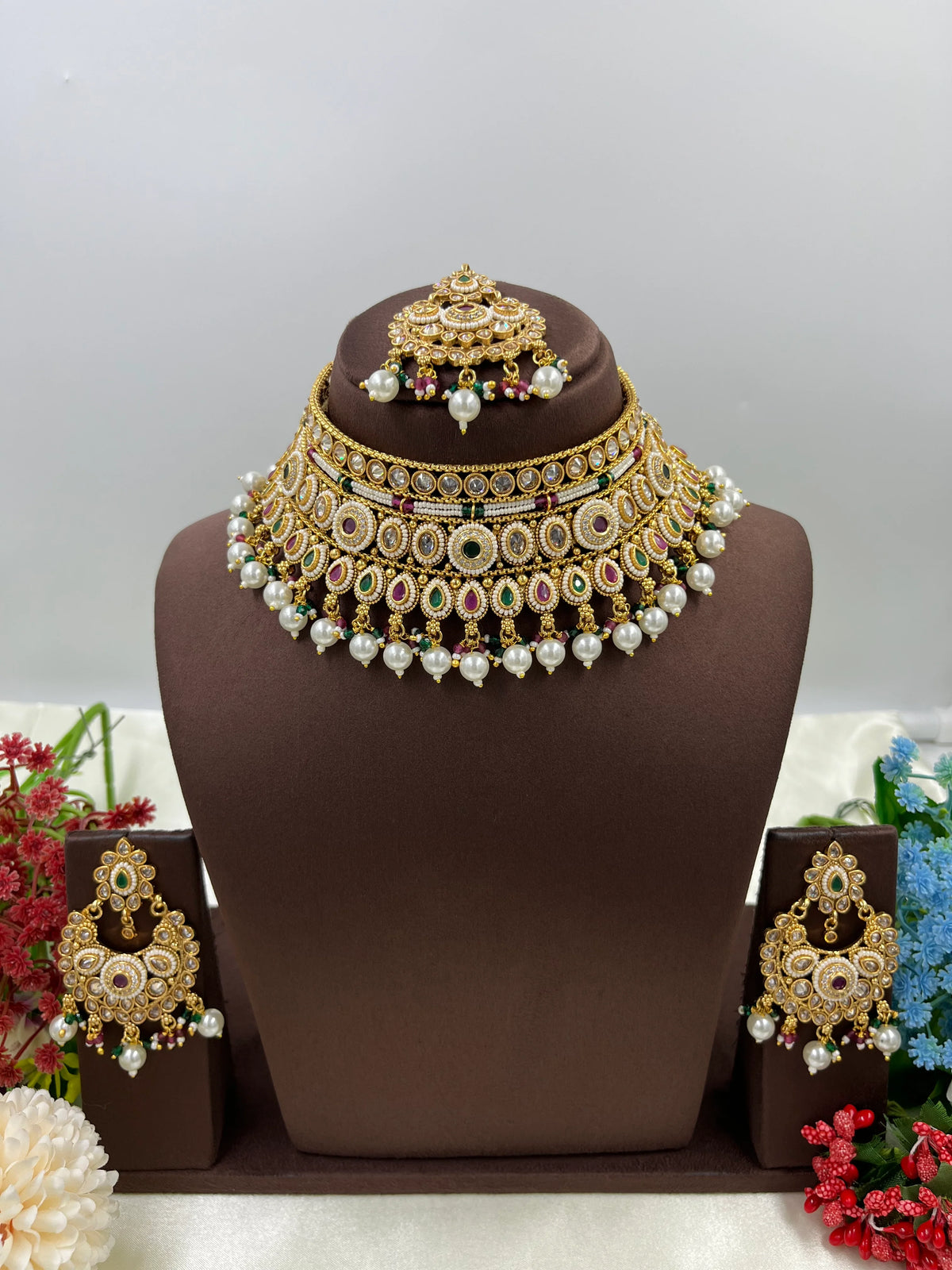 Traditional Choker Necklace Set with Maangtika & Earrings – Royal Bridal - Libasaa.com