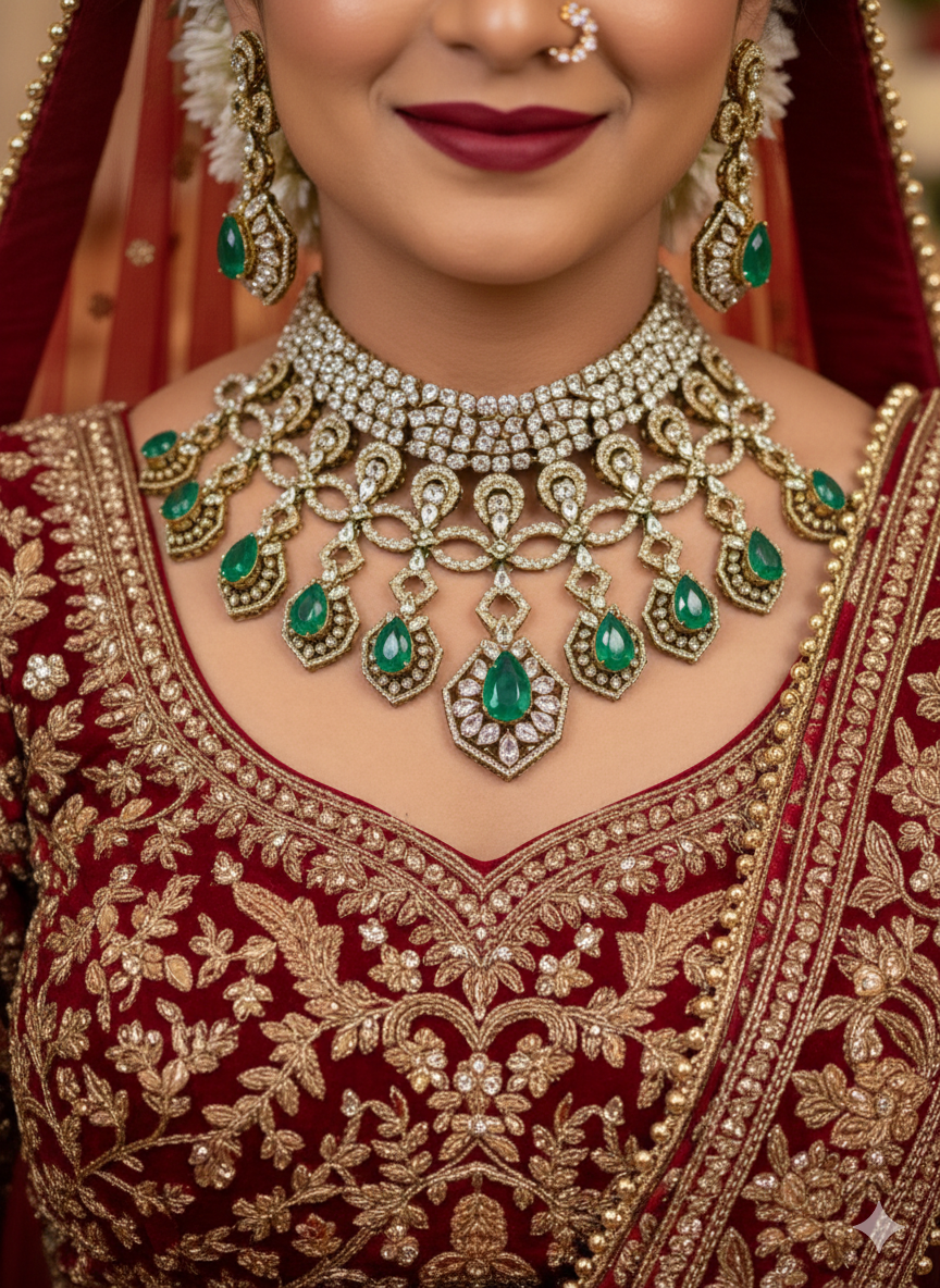 Royal Victorian Kundan Choker Necklace Set with Green Stone Drops & Matching Earrings – Indian Jewellery Bridal American Diamond Necklace Set