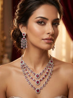 Luxury Ruby Red American Diamond Bridal Necklace Set with Long Chandelier Earrings Silver Plated Wedding & Party Jewellery for Women