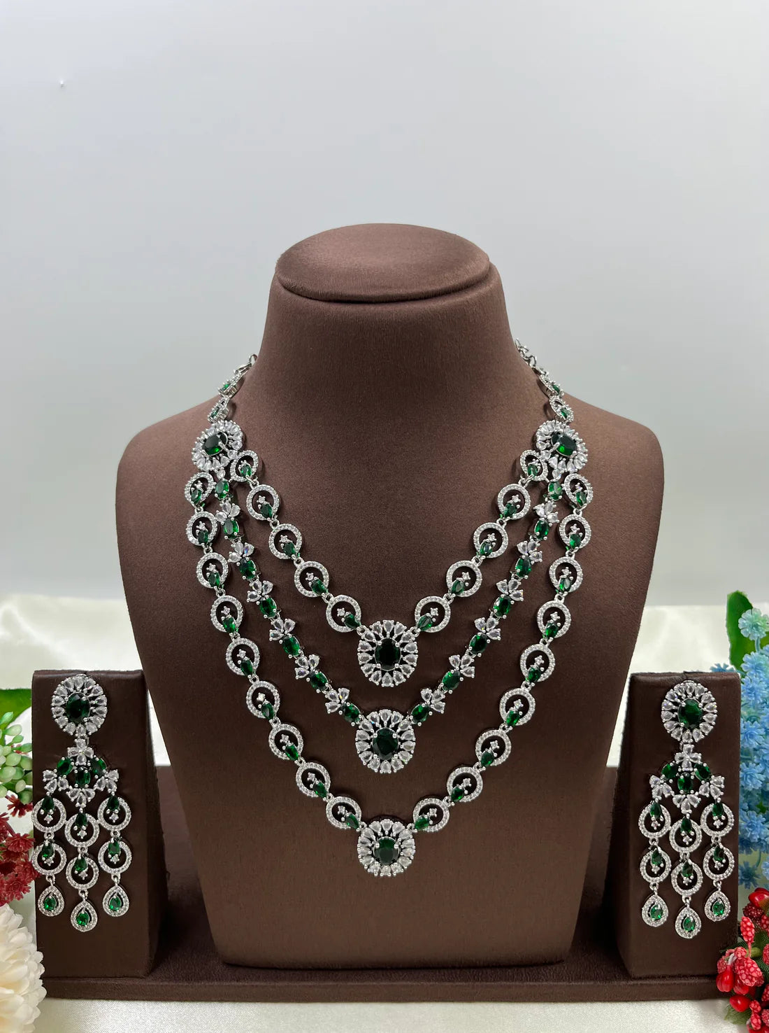 Luxury Ruby Red American Diamond Bridal Necklace Set with Long Chandelier Earrings Silver Plated Wedding & Party Jewellery for Women