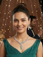 American Diamond Floral Drop Necklace Set with Green Teardrop Stone – Silver Plated Bridal & Wedding Jewellery for Women