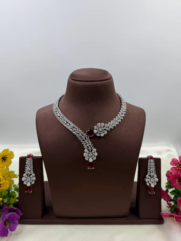 American Diamond Floral Drop Necklace Set with Green Teardrop Stone – Silver Plated Bridal & Wedding Jewellery for Women