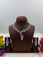 American Diamond Floral Drop Necklace Set with Green Teardrop Stone – Silver Plated Bridal & Wedding Jewellery for Women