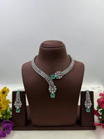 American Diamond Floral Drop Necklace Set with Green Teardrop Stone – Silver Plated Bridal & Wedding Jewellery for Women