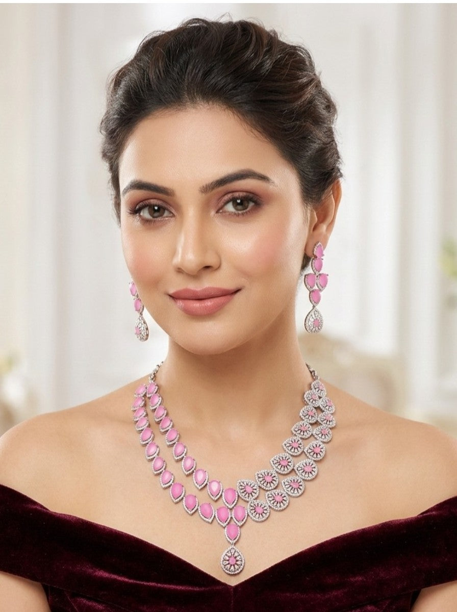 Designer American Diamond Pink Crystal Necklace Set with Long Earrings | Wedding & Festive Wear