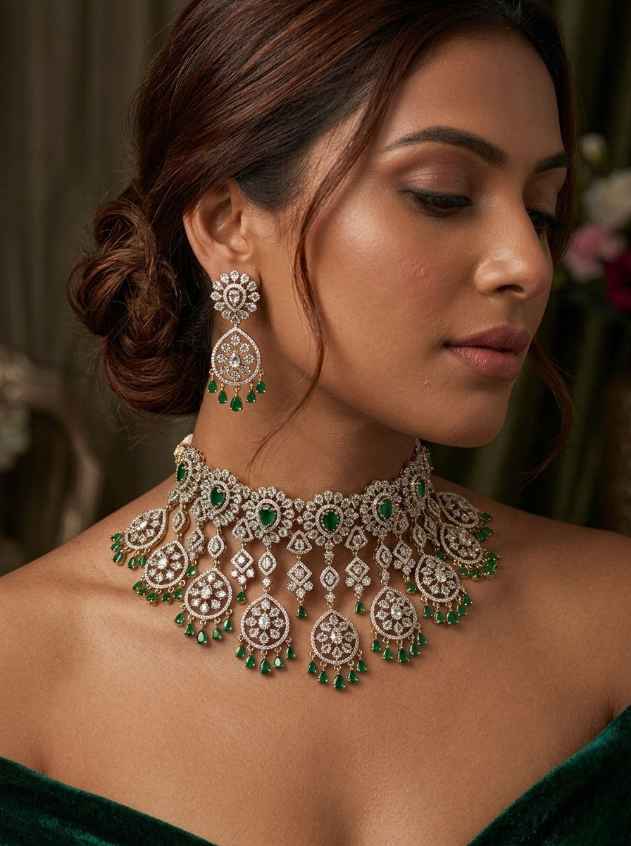 Royal Victorian AD Green Stone Choker Necklace with Earrings Bridal Statement Jewellery Set