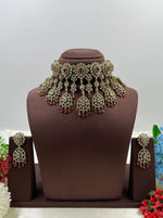 Royal Victorian AD Green Stone Choker Necklace with Earrings Bridal Statement Jewellery Set