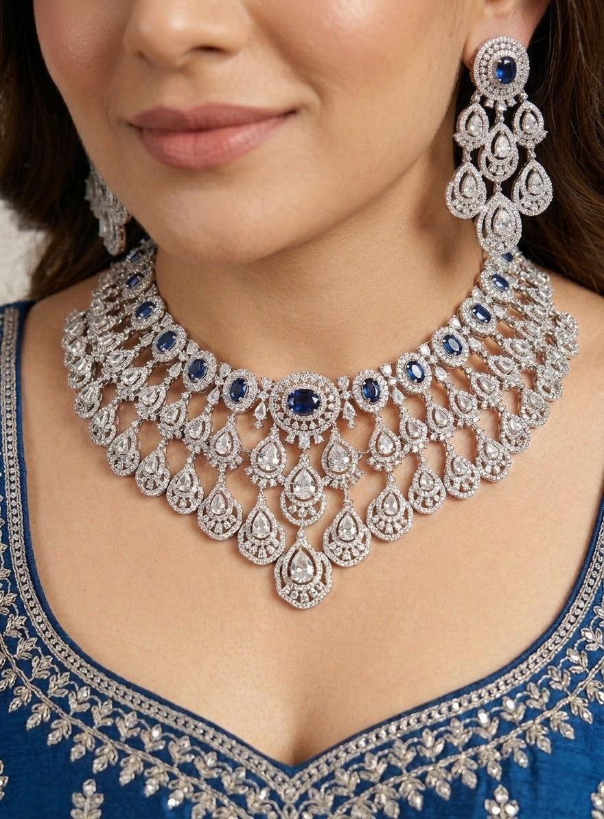 American Diamond Bridal Necklace Set with Stone Earrings – Silver Plated Wedding & Party Wear Jewellery