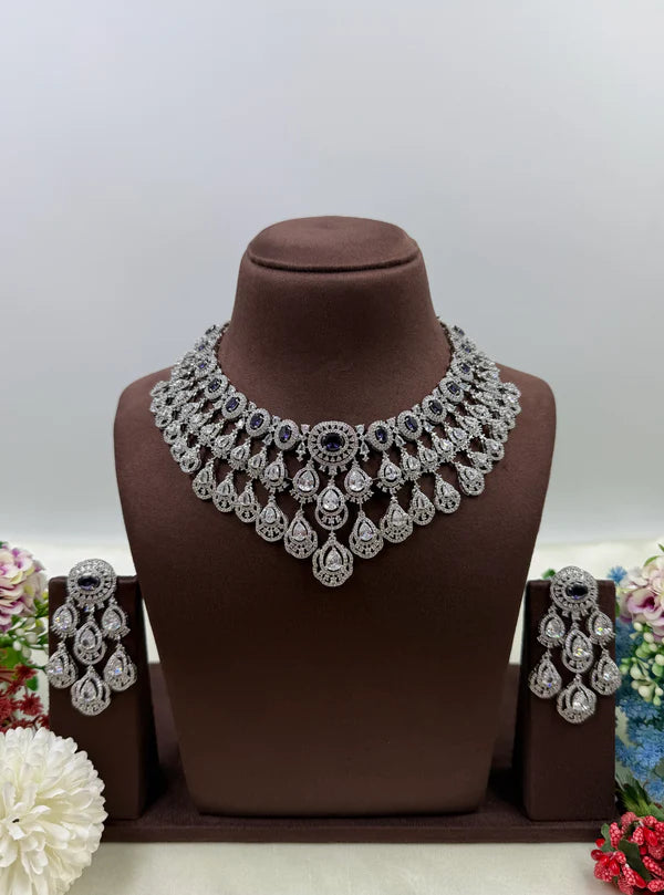 American Diamond Bridal Necklace Set with Stone Earrings – Silver Plated Wedding & Party Wear Jewellery