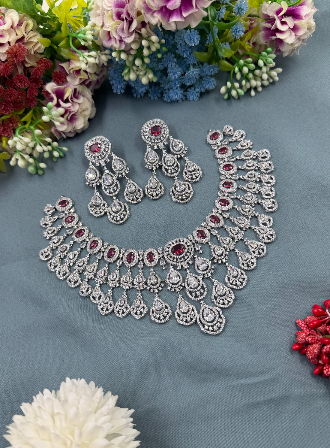 American Diamond Bridal Necklace Set with Stone Earrings – Silver Plated Wedding & Party Wear Jewellery