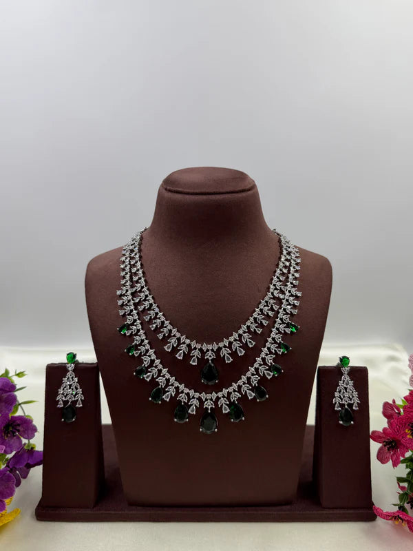 American Diamond Double Layer Necklace Set with Blue Teardrop Stones & Matching Earrings | Elegant Bridal & Party Wear Jewellery