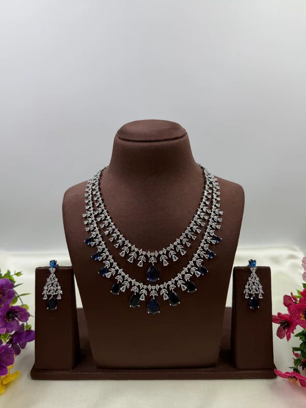 American Diamond Double Layer Necklace Set with Blue Teardrop Stones & Matching Earrings | Elegant Bridal & Party Wear Jewellery